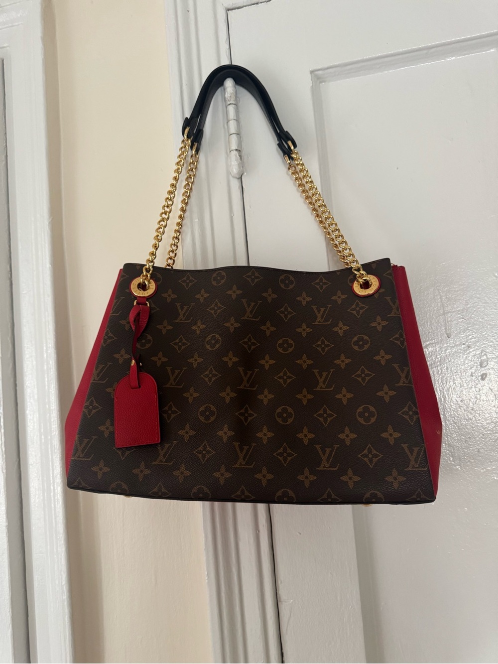 Louis Vuitton Monogram Tote with Red Accents and Gold Chains